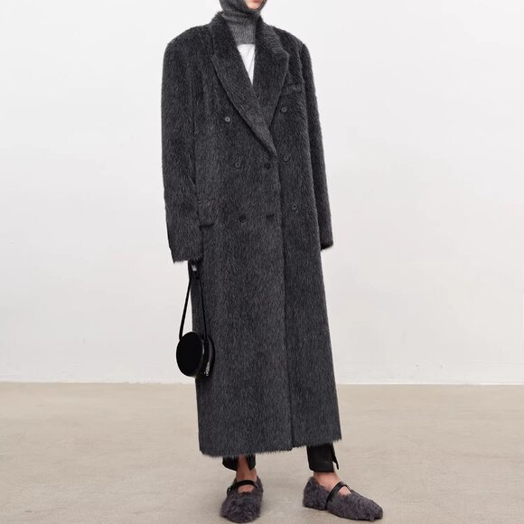 CHICJOC Long Tailored Alpaca Wool Coat Melange Dark Gray Size 36 - Picture 7 of 16